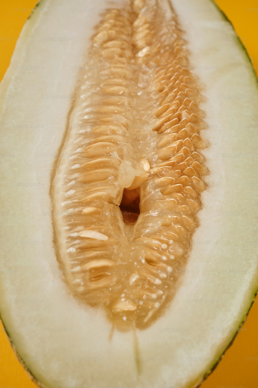 a close up of a piece of fruit on a table