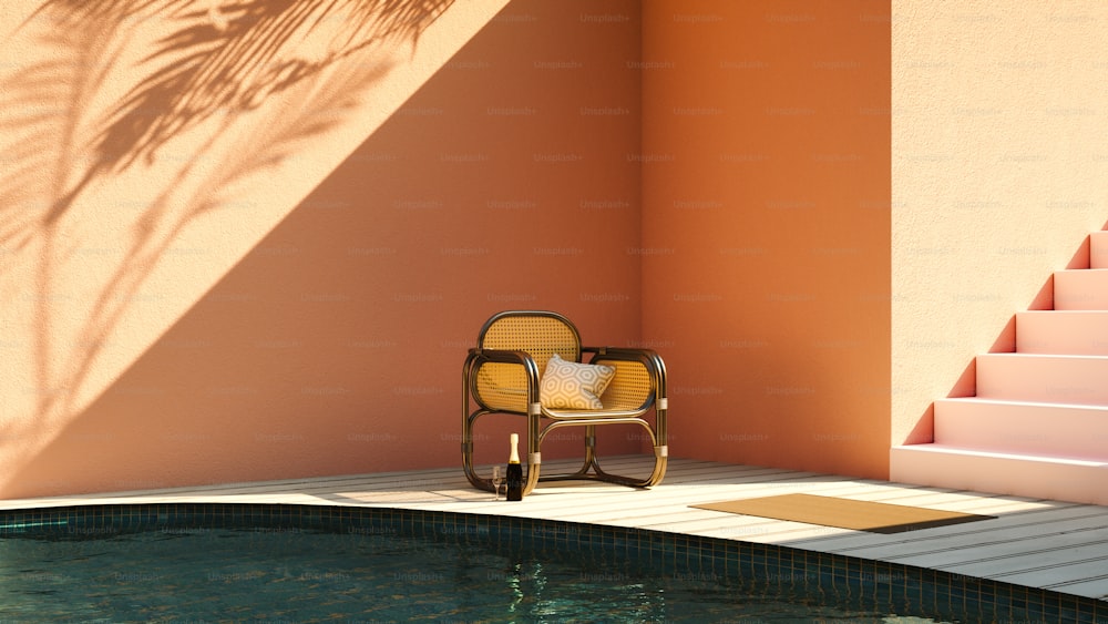 uma cadeira sentada ao lado de uma piscina