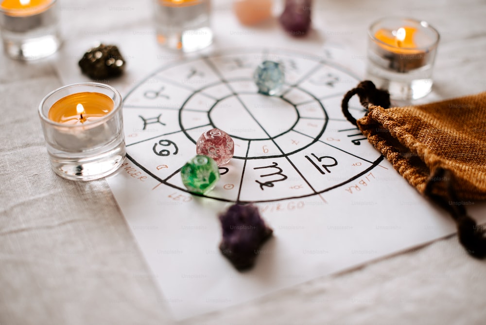 una mesa cubierta con velas y un signo del zodiaco