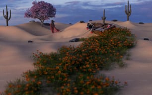uma cena do deserto com um carro no meio do deserto