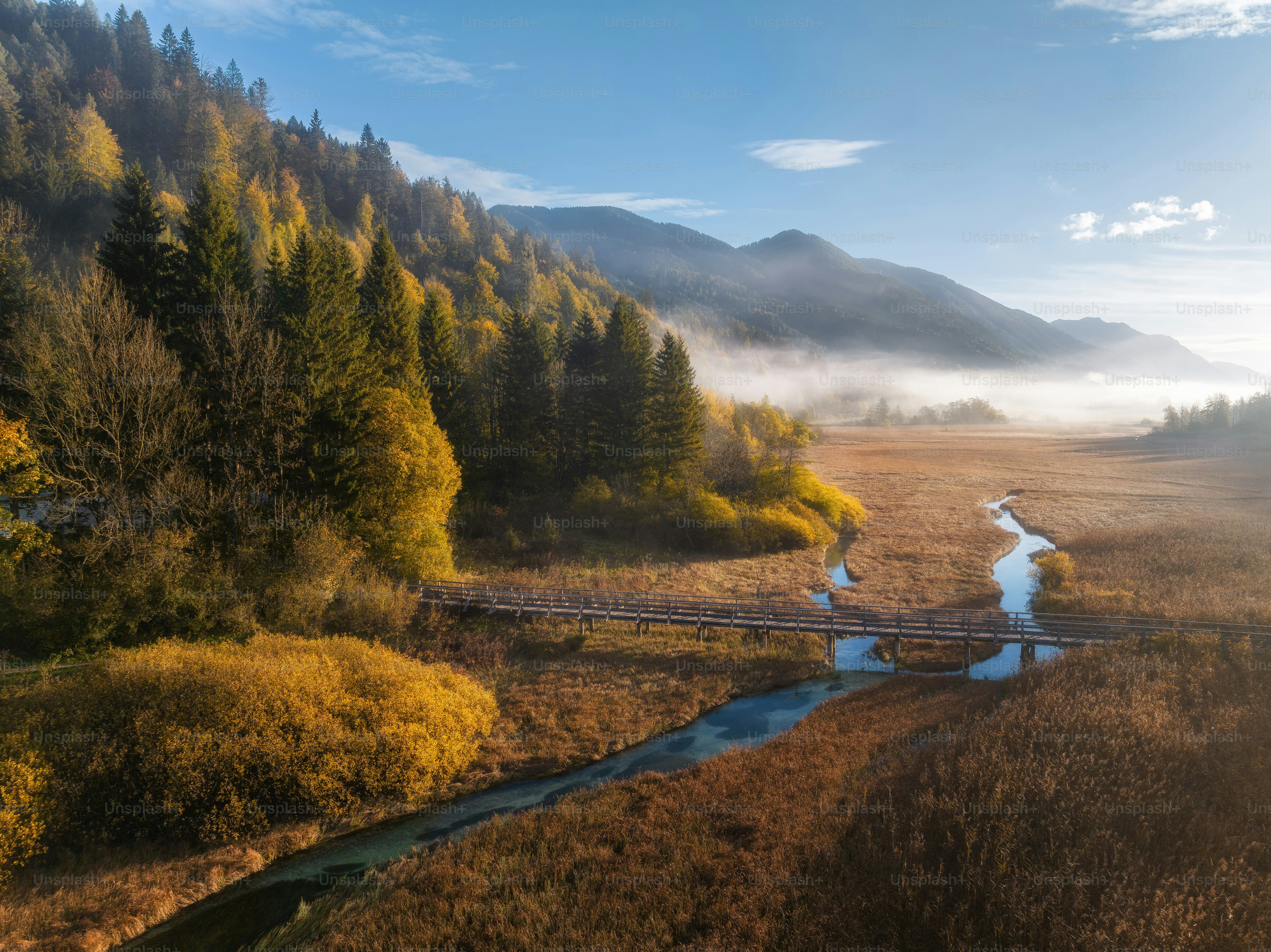 an aerial view of a river and a bridge