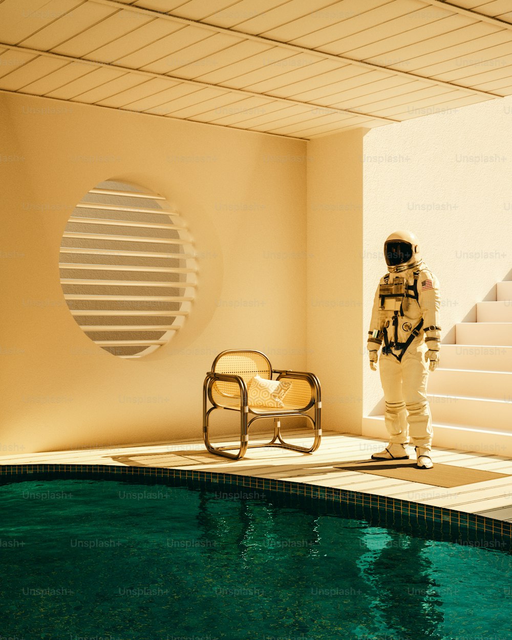 um homem de terno espacial ao lado de uma piscina