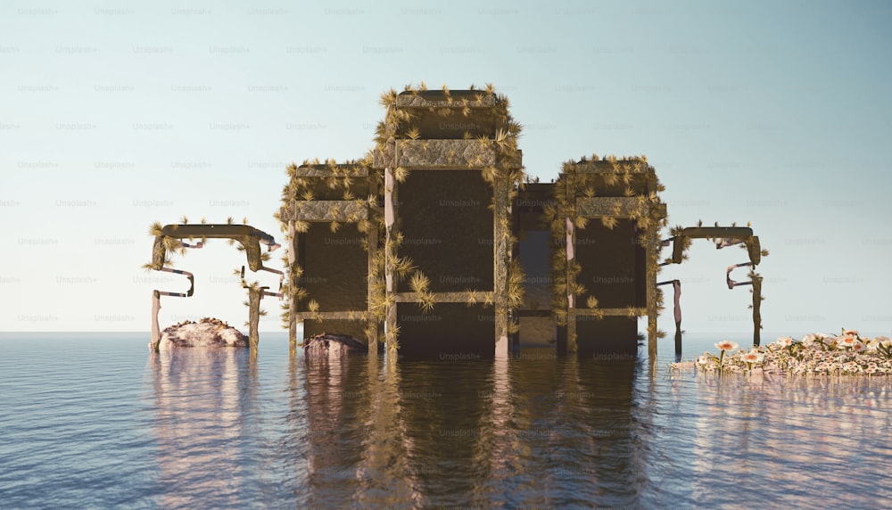 une grande structure flottant au-dessus d’un plan d’eau