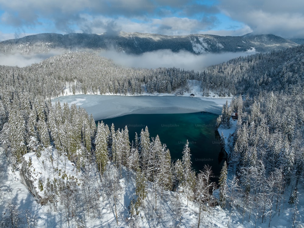 an aerial view of a lake surrounded by snow covered trees