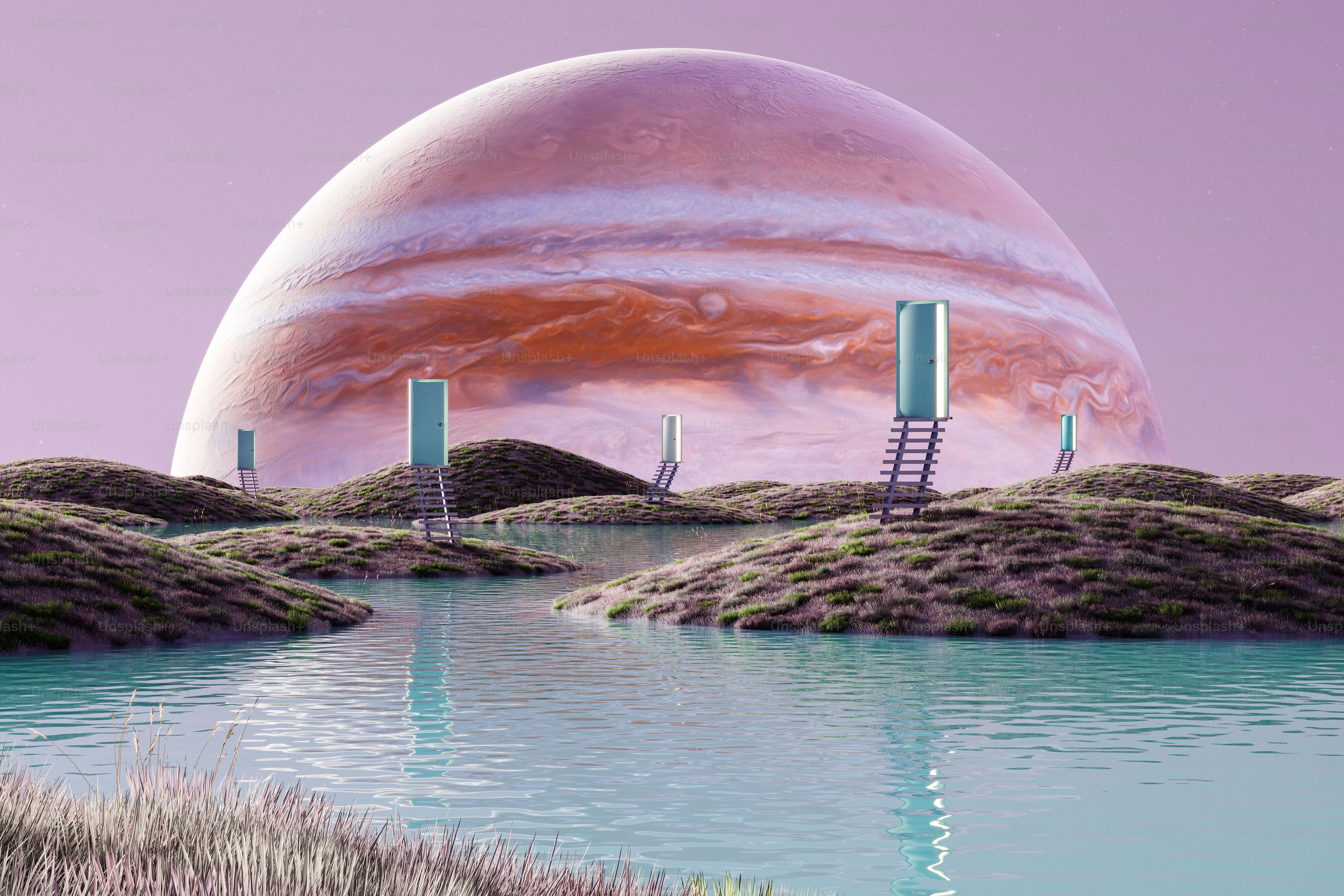 A 3D fantasy virtual reality landscape with doors leading to other fantasy worlds.