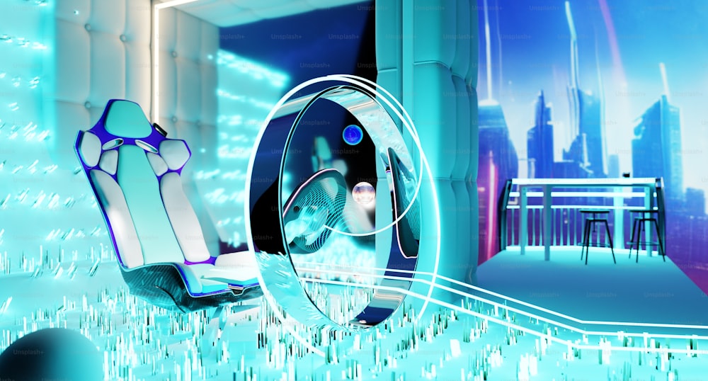 a futuristic looking room with a blue and purple color scheme