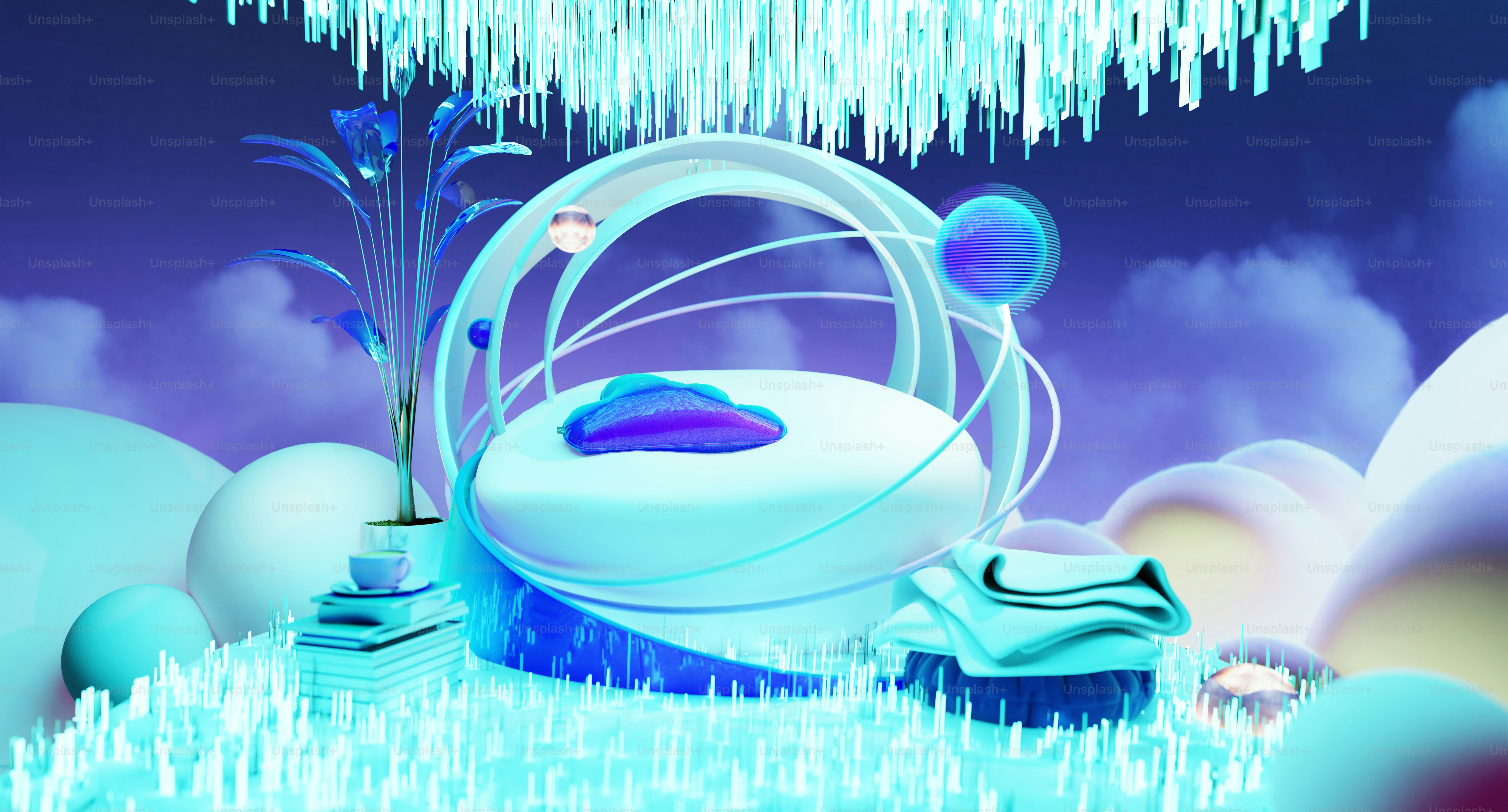 un letto blu e bianco seduto al centro di una stanza