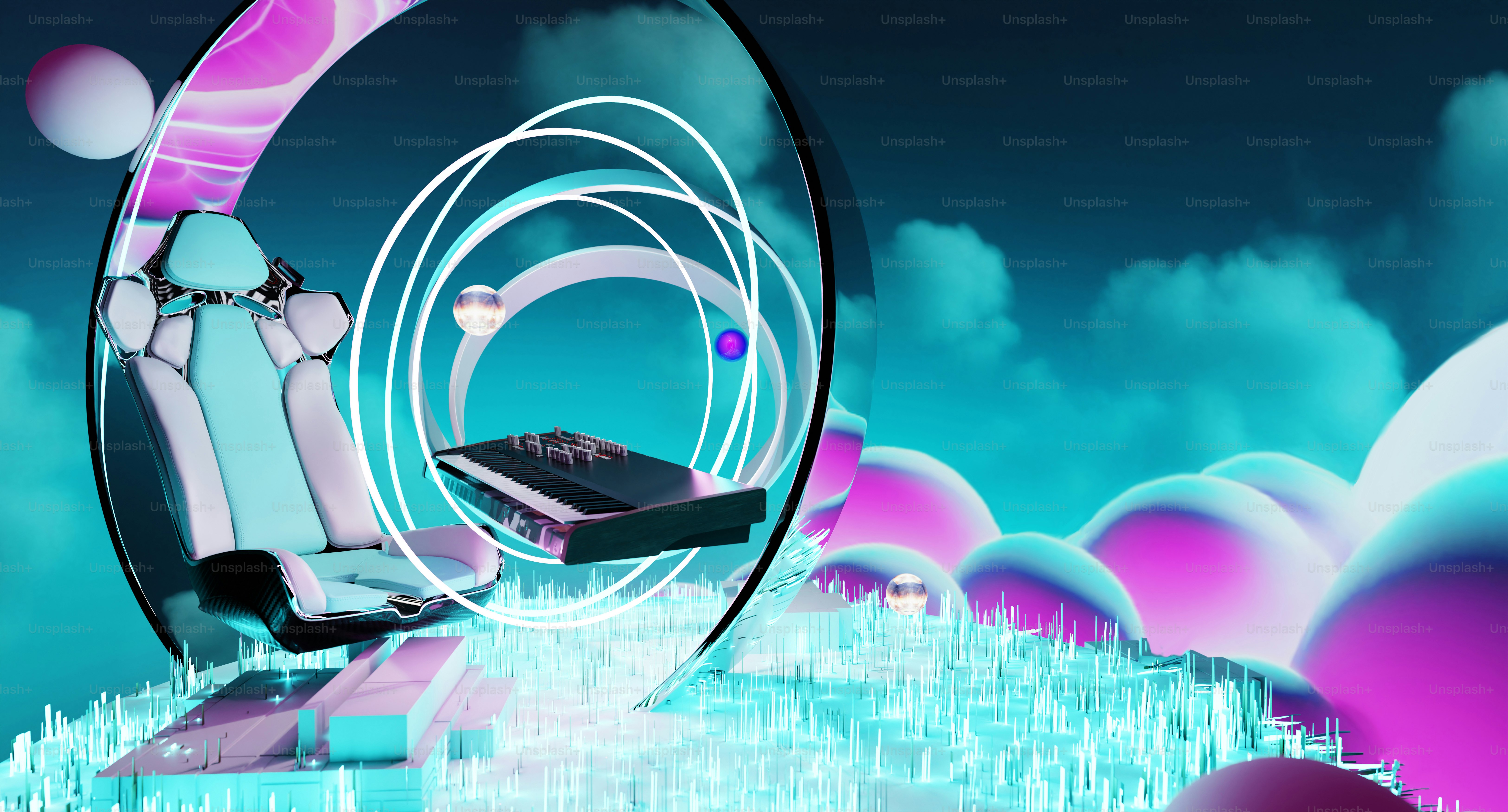 a computer chair sitting in front of a computer screen