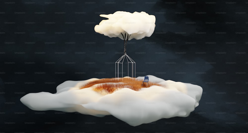 Uma imagem surreal de uma casa em uma nuvem