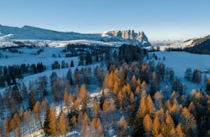 an aerial view of a snow covered mountain range