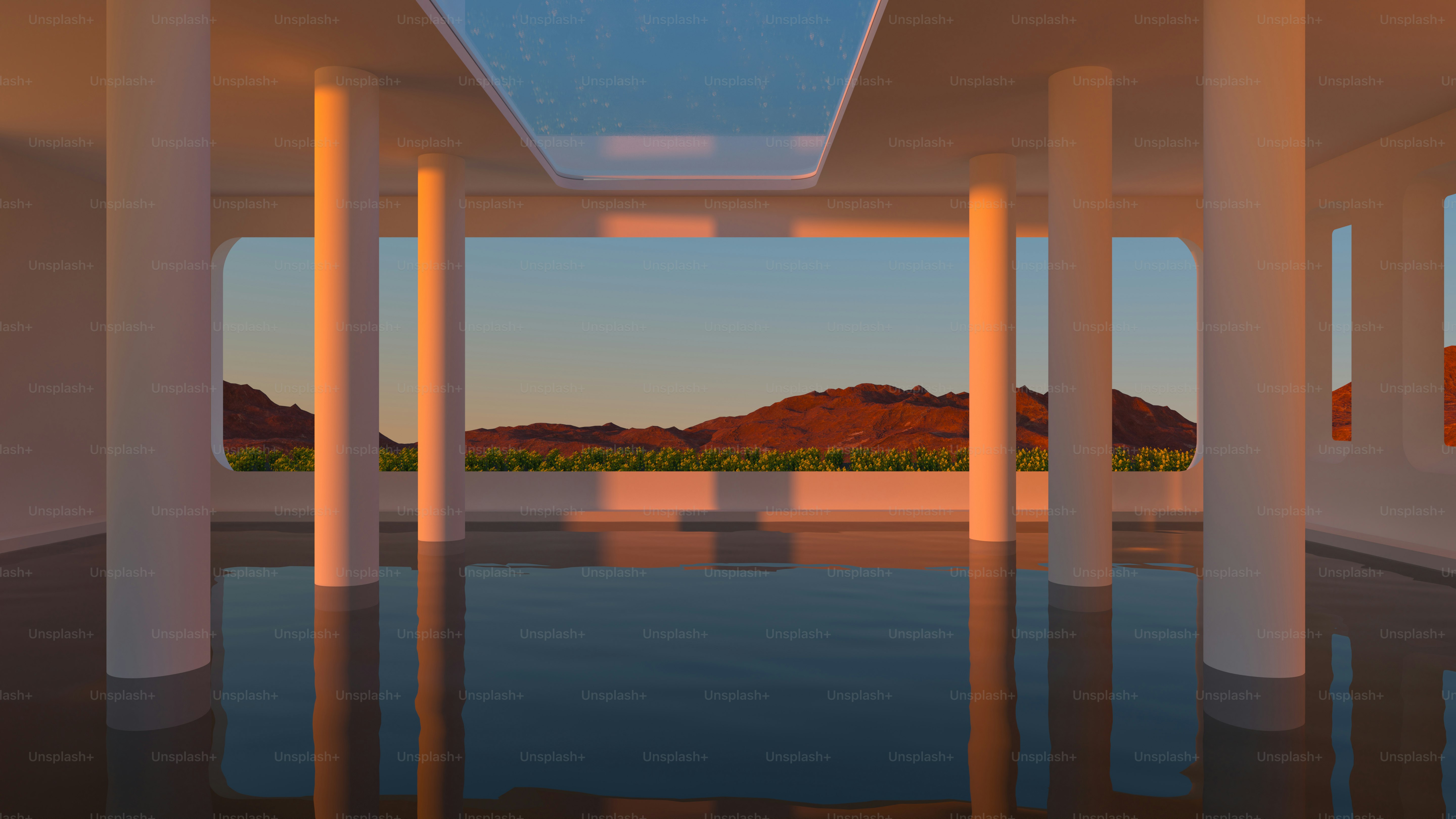 una habitación con columnas y una piscina en el centro