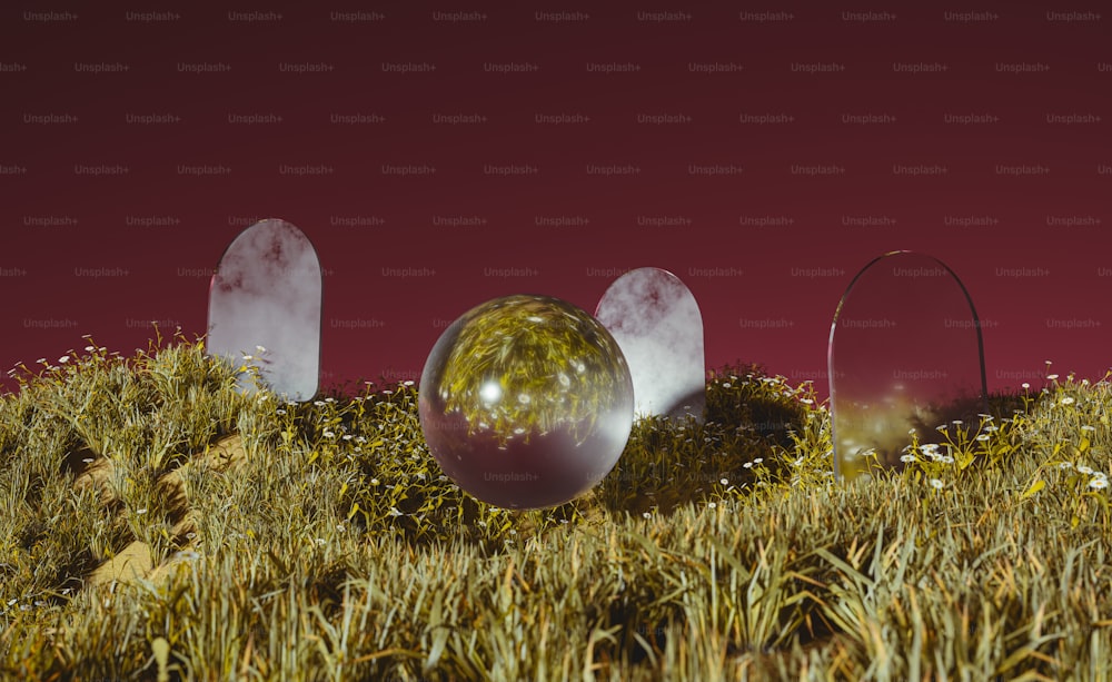 a group of glass balls sitting on top of a lush green field