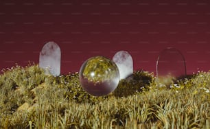 a group of glass balls sitting on top of a lush green field