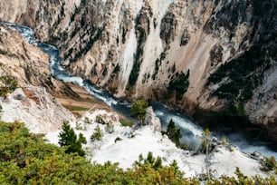 a river flowing through a canyon surrounded by mountains