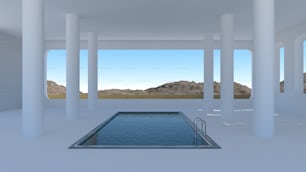 a pool surrounded by columns in a room