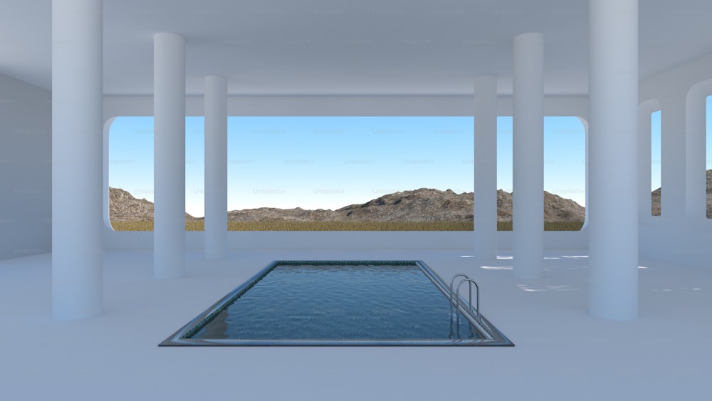 uma piscina rodeada por colunas em um quarto