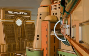 Una pintura digital de una ciudad futurista con un reloj