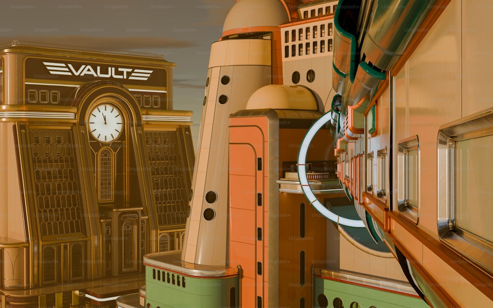 uma pintura digital de uma cidade futurista com um relógio
