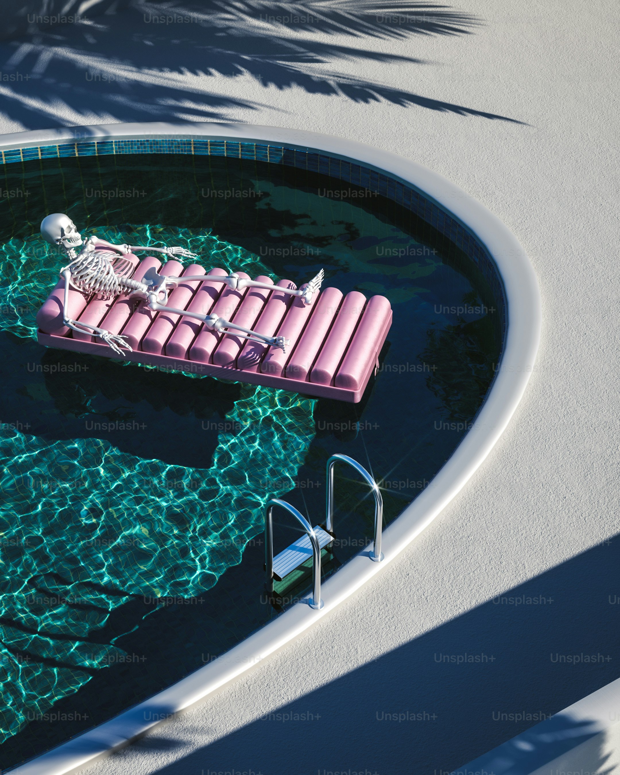 A pink inflatable raft floating on top of a pool photo – Render Image ...