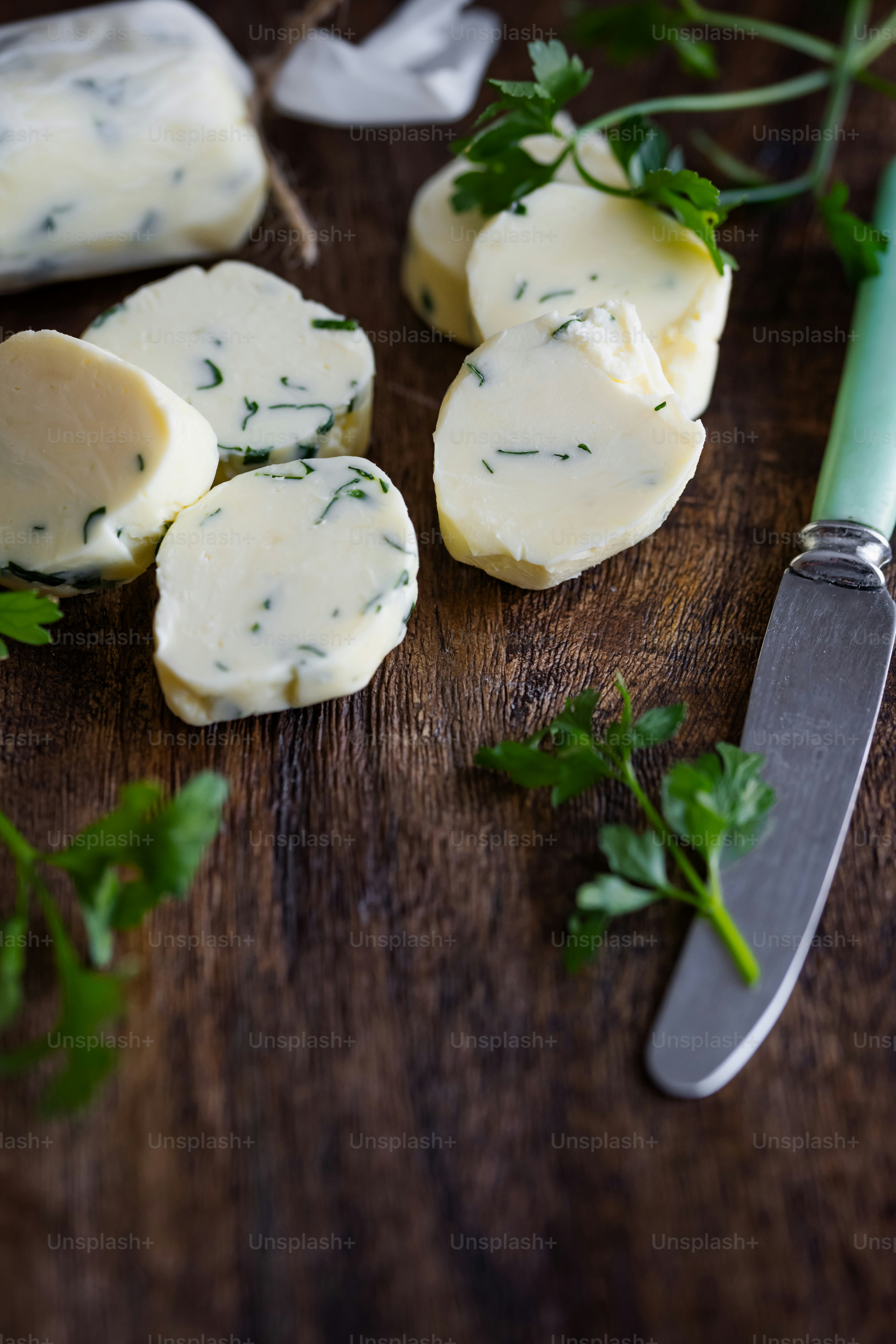 a knife and some food on a table
