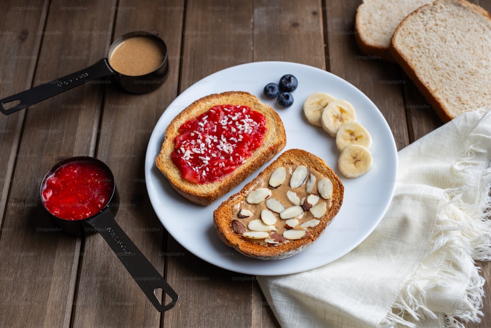 a white plate topped with toast and fruit