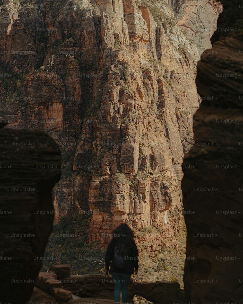 a person with a backpack is standing in a canyon