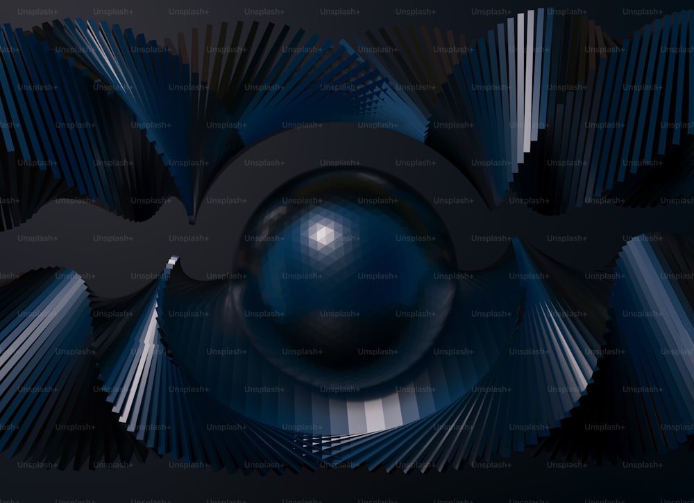 una imagen abstracta de una bola azul en medio de un fondo negro