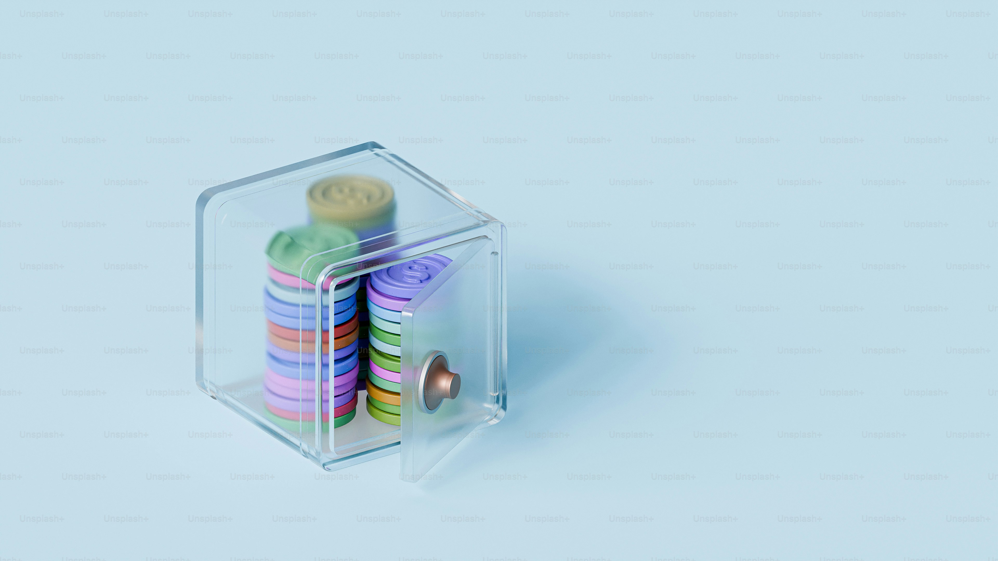 a clear box with a bunch of colorful buttons inside of it