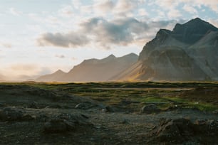 un campo de hierba con una montaña al fondo