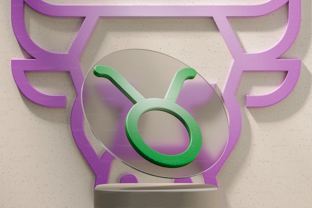 a purple and green sign on a white wall