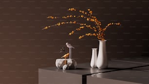 two vases and a bird on a table