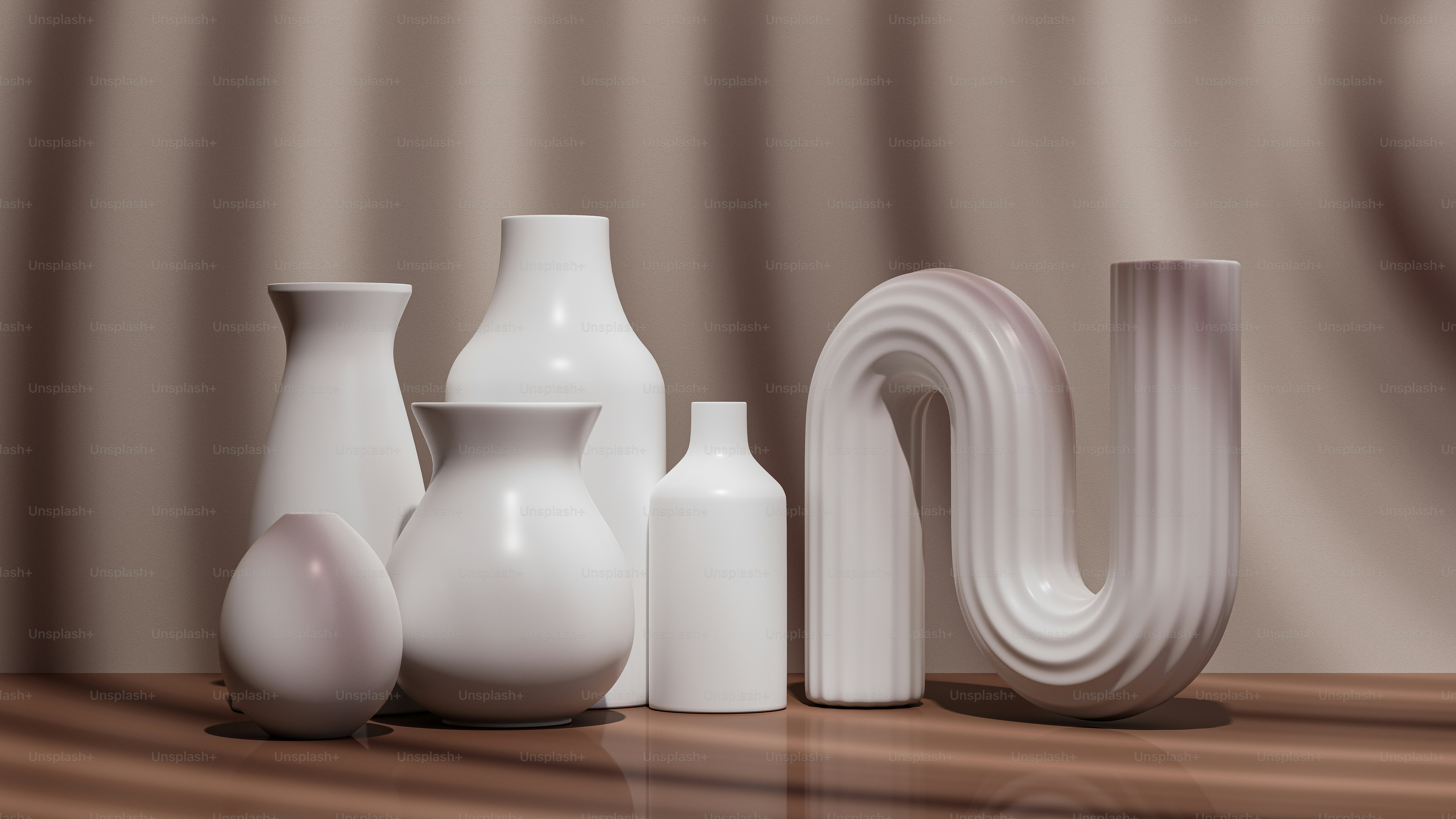 A group of white vases sitting on top of a wooden table photo – Texture ...