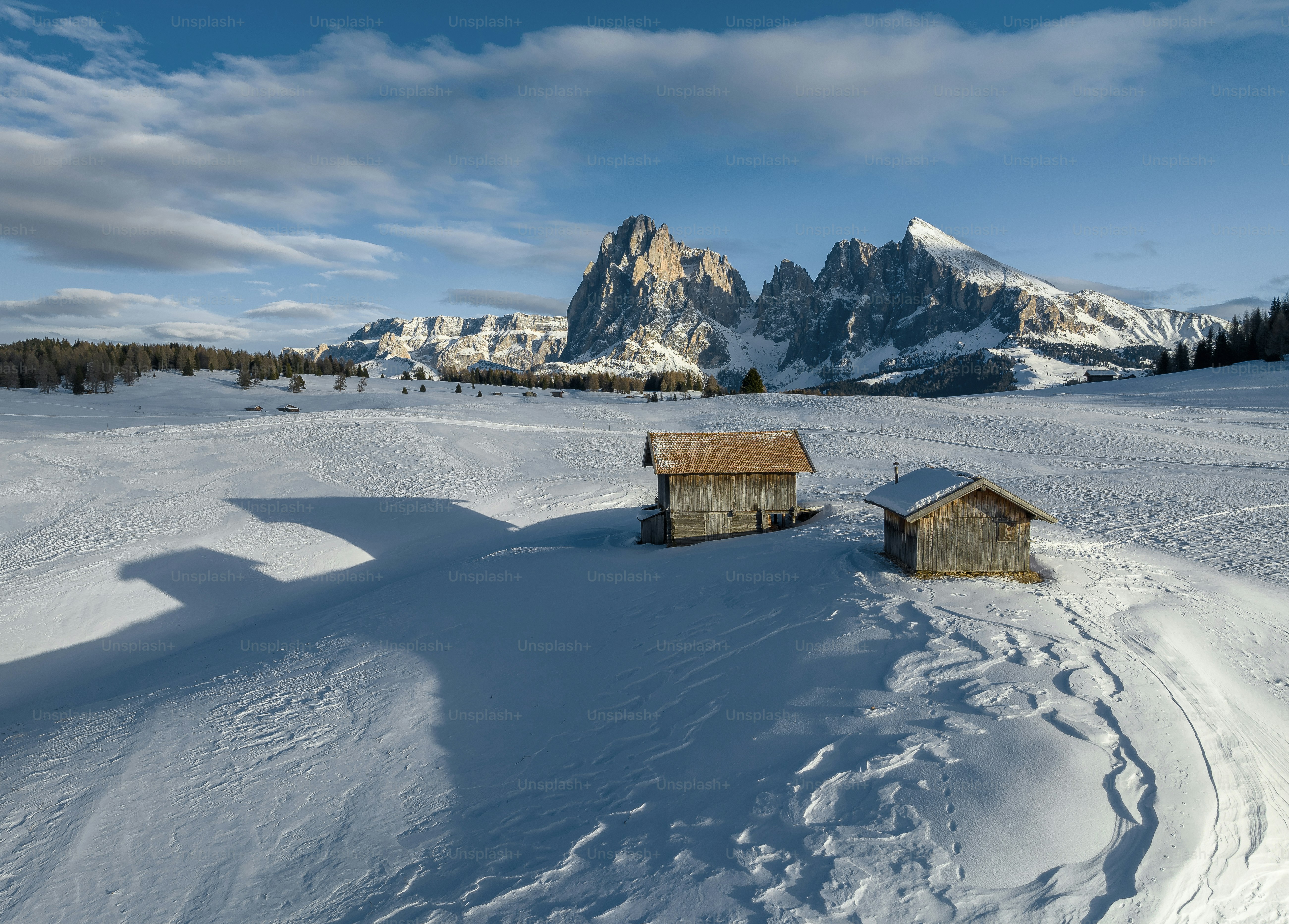 a snowy landscape with a mountain in the background