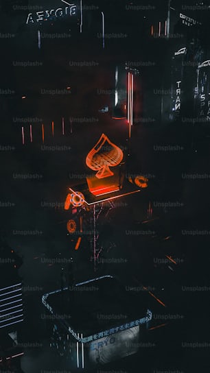 an aerial view of a neon sign in the dark
