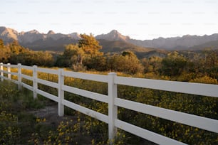 uma cerca branca em um campo com montanhas ao fundo