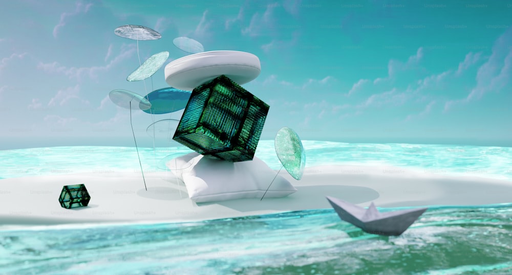 a computer generated image of a cube floating in the ocean