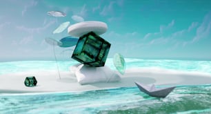 a computer generated image of a cube floating in the ocean