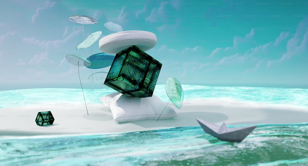 海に浮かぶ立方体のコンピュータ生成画像