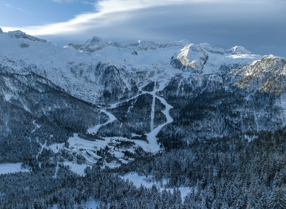 a view of a snowy mountain range with a river running through it
