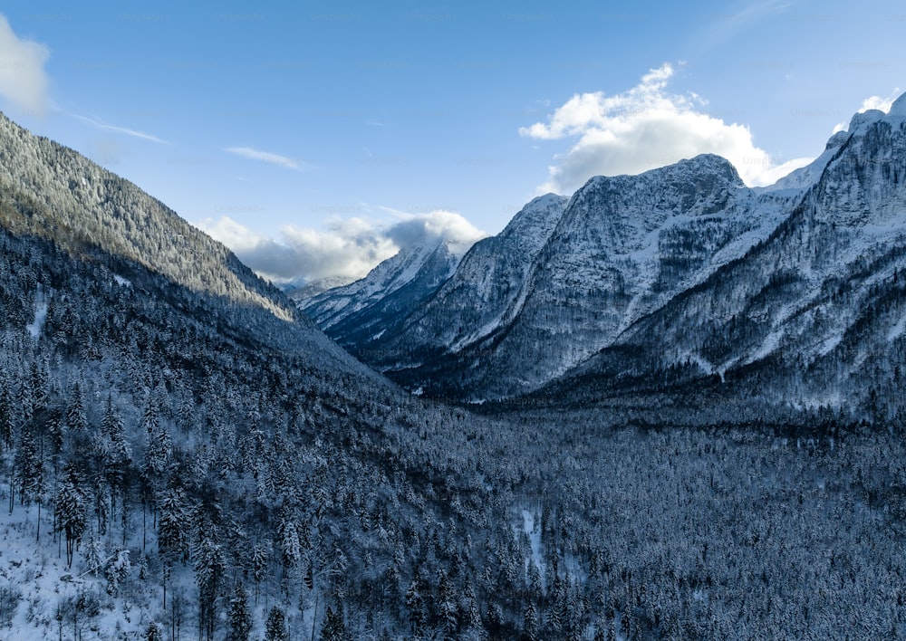 a view of a mountain range with snow on the ground