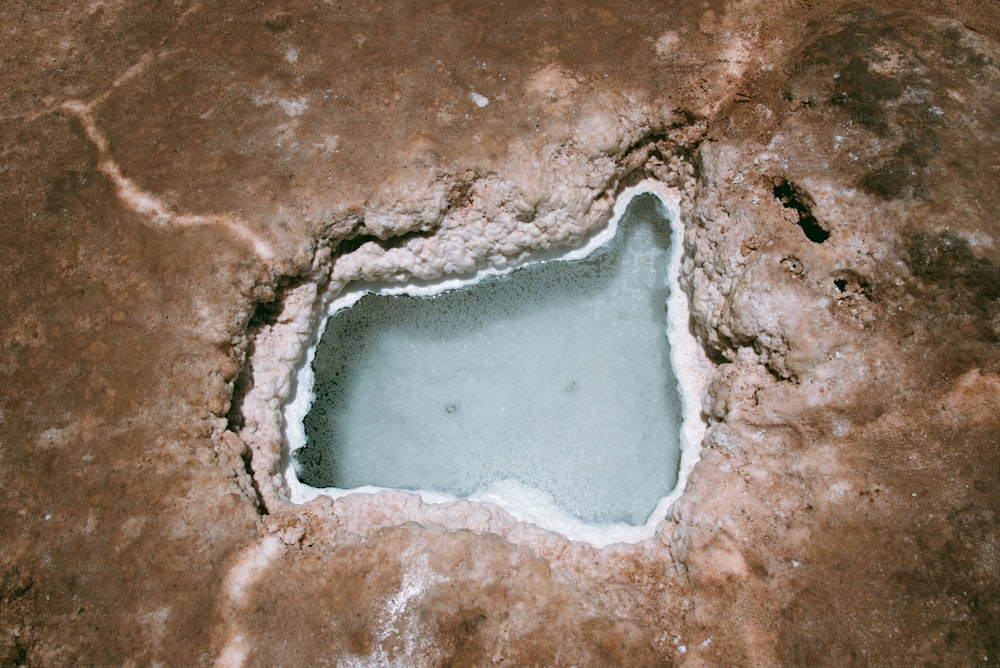 a small pool of water in the middle of a desert