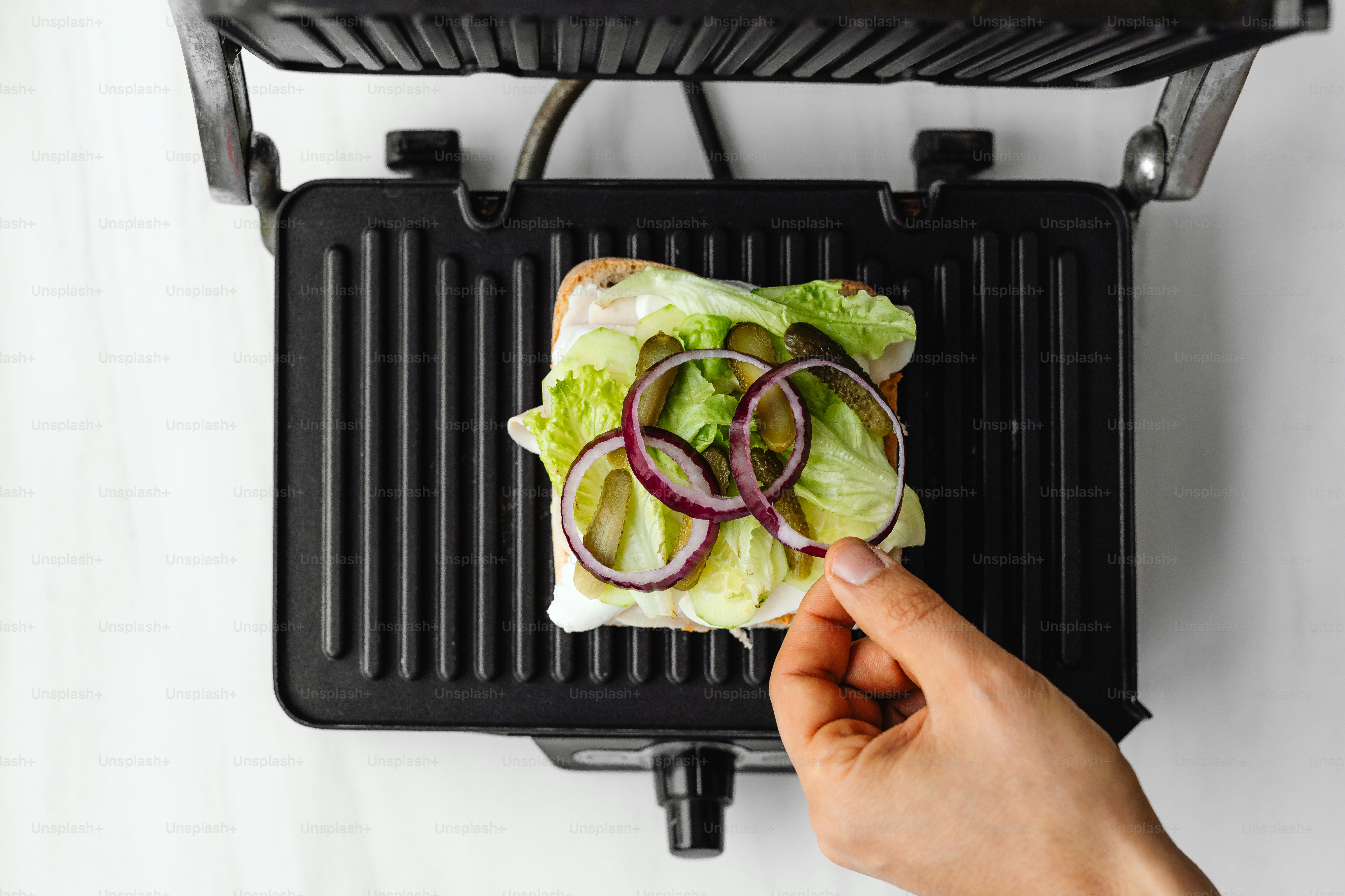 a person holding a sandwich with lettuce and onions
