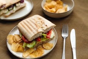 a plate with a sandwich and chips on it