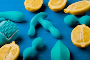 a close up of a blue and yellow object on a blue surface