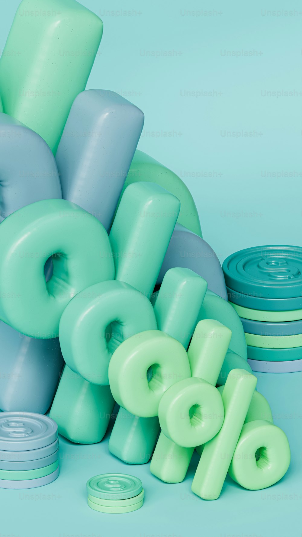 a pile of green, blue, and grey plastic objects