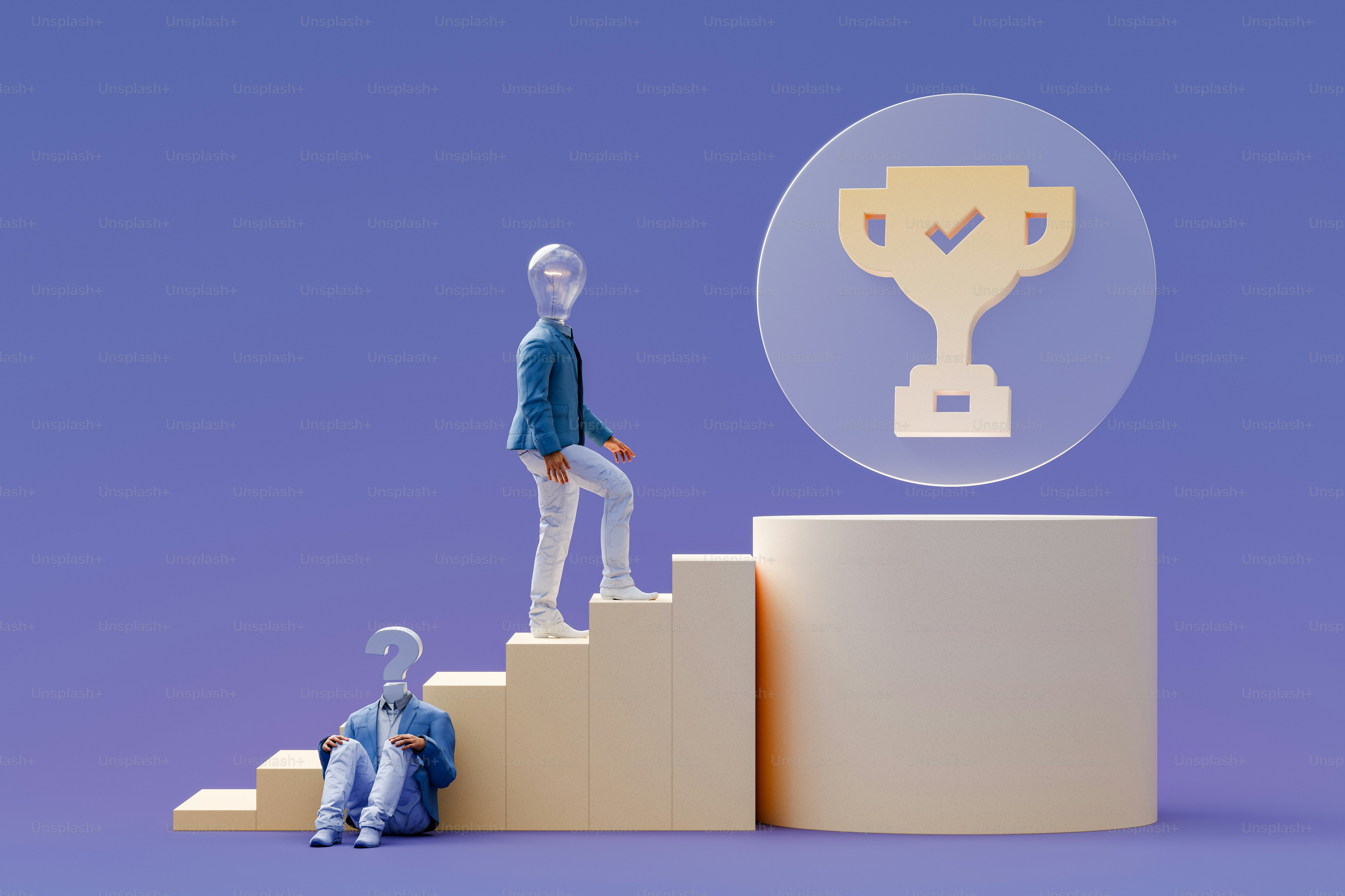 a man standing on top of a podium next to a statue of a person