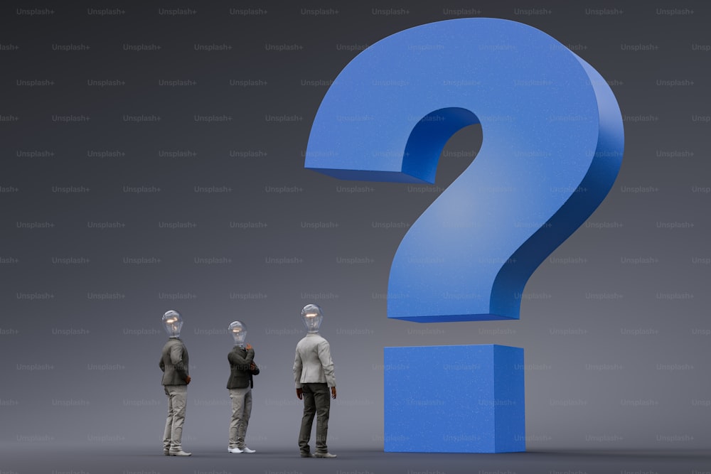 a group of people standing in front of a blue question mark