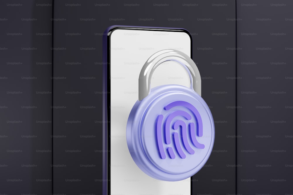 a purple padlock on a white and black door