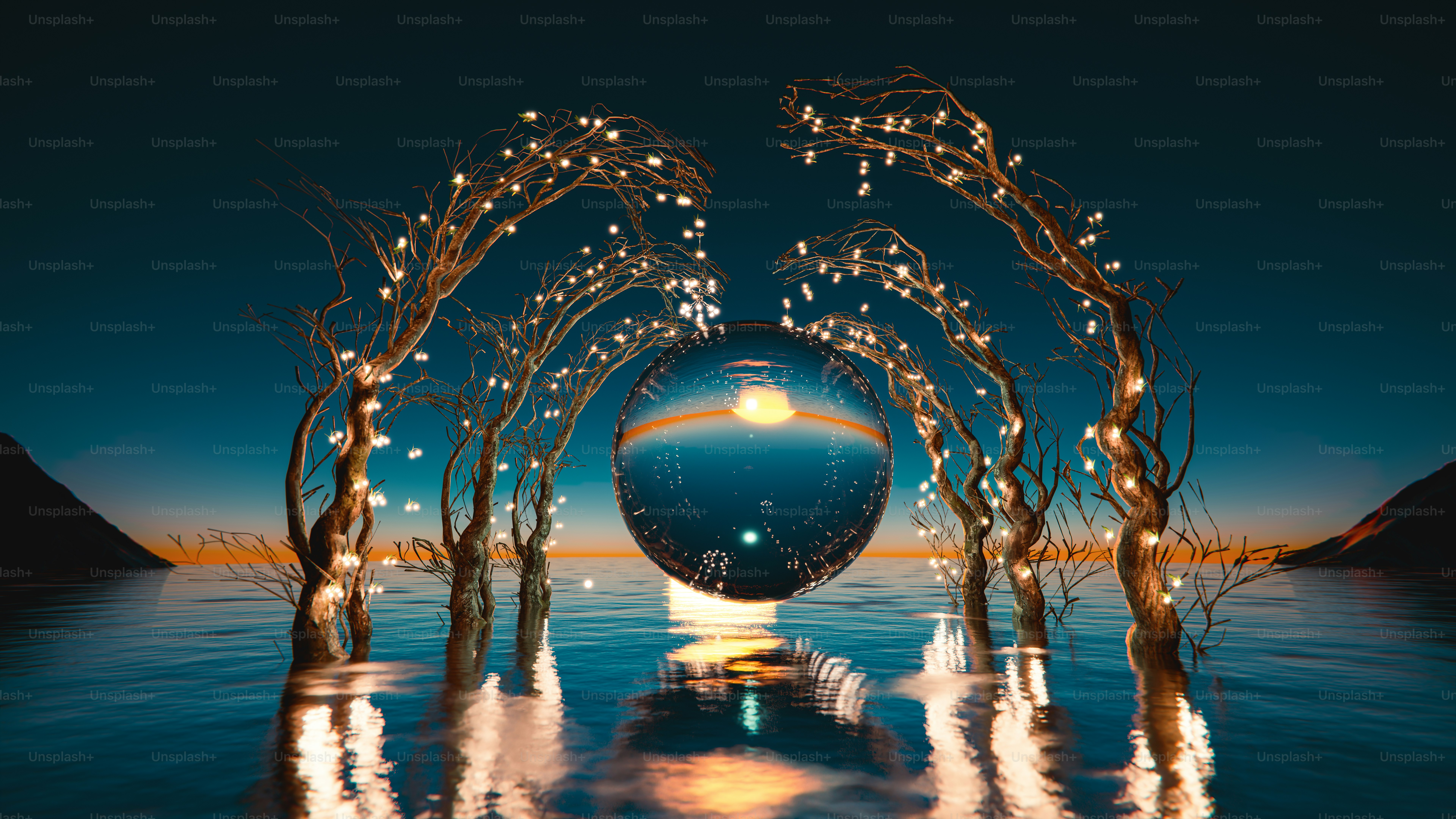 an artistic photo of a sphere surrounded by trees