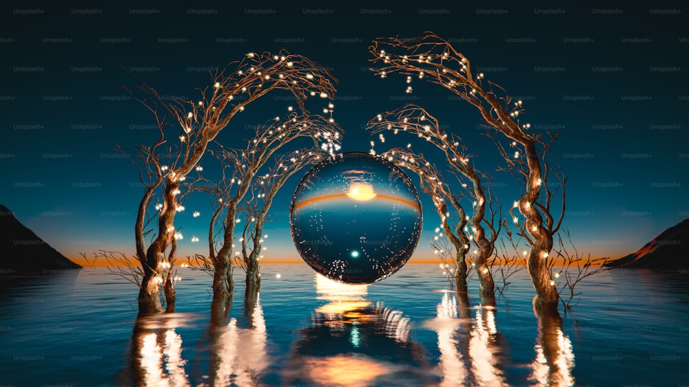 une photo artistique d’une sphère entourée d’arbres